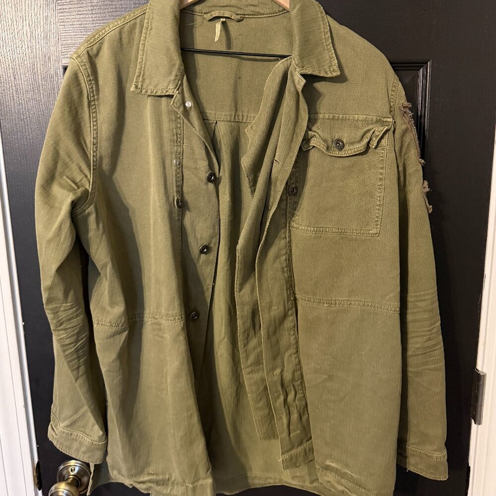 Free People Military Style Shacket Beading Camo Green Olive Large